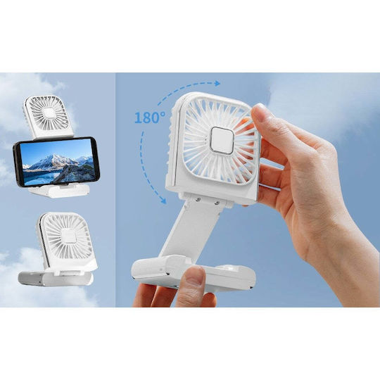 Portable Flippy Fan 3 In 1 Handheld Neck Desk 16.7 X 8 X 1.9 Cm 3 Speed Levels Usb Charging Foldable Digital Display Phone Holder White