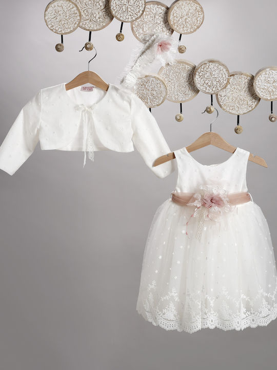 New Life Ecru Baptism Clothes Set with Dress Hair Accessories & Lace Cardigan 3 Pieces