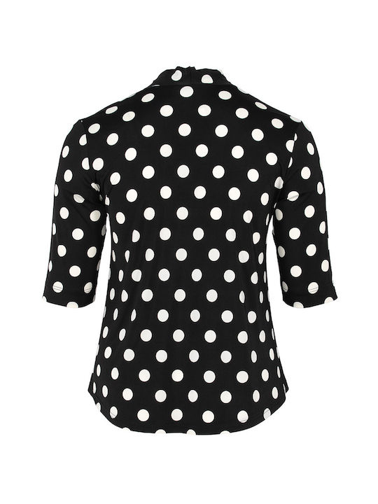 Didone Women's Blouse with 3/4 Sleeve & V Neckline Polka Dot Black and white