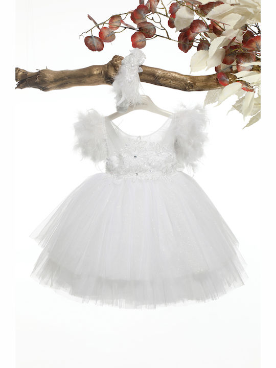 Mi Chiamo Alb Set de Haine de Botez cu Accesorii pentru păr & Rochie din Tulle 2buc