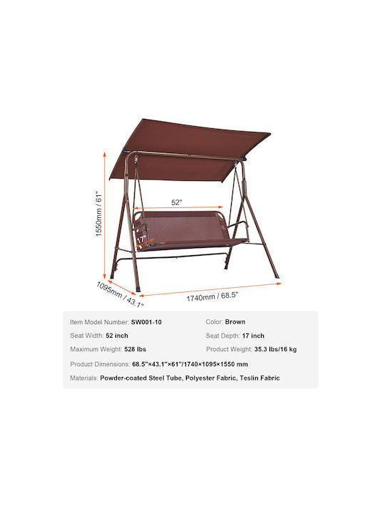 Schaukel mit Basis 3 Sitze Metallisch L174xB109.5xH155cm Braun