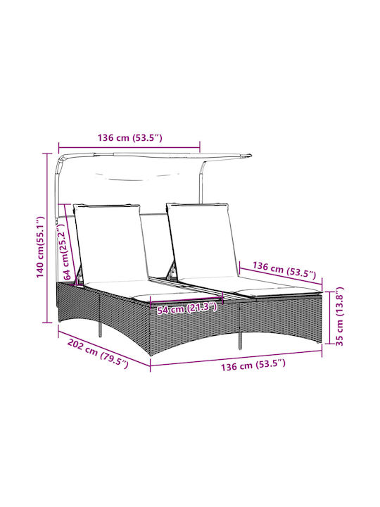 Liegestuhl Doppelter Rattan mit Kissen & Sonnenschirm Gray 136x202x140cm.