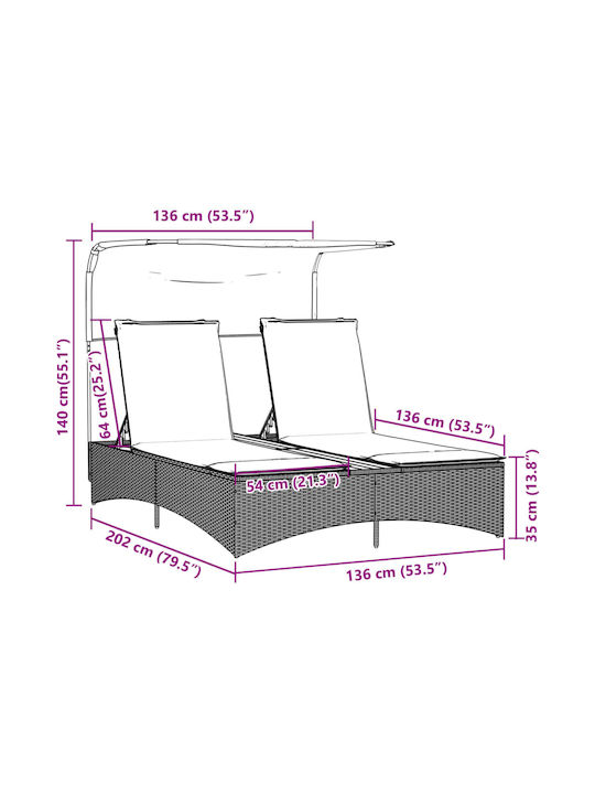 Liegestuhl Doppelter Rattan mit Kissen & Sonnenschirm Schwarz 136x202x140cm.
