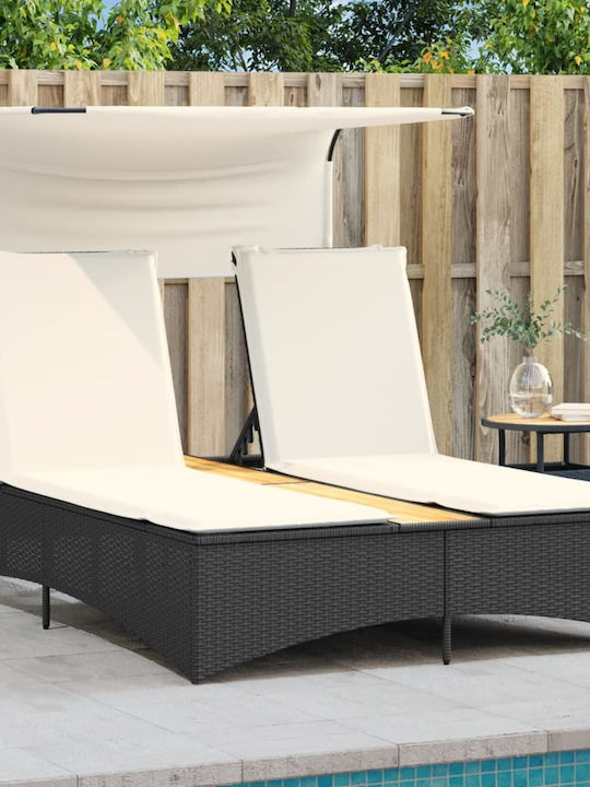 Liegestuhl Doppelter Rattan mit Kissen & Sonnenschirm Schwarz 136x202x140cm.
