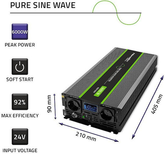 Qoltec Inverter für Autos Reine Sinuswelle 3000W zur Umwandlung von 12V DC in 230V AC mit 1xUSB