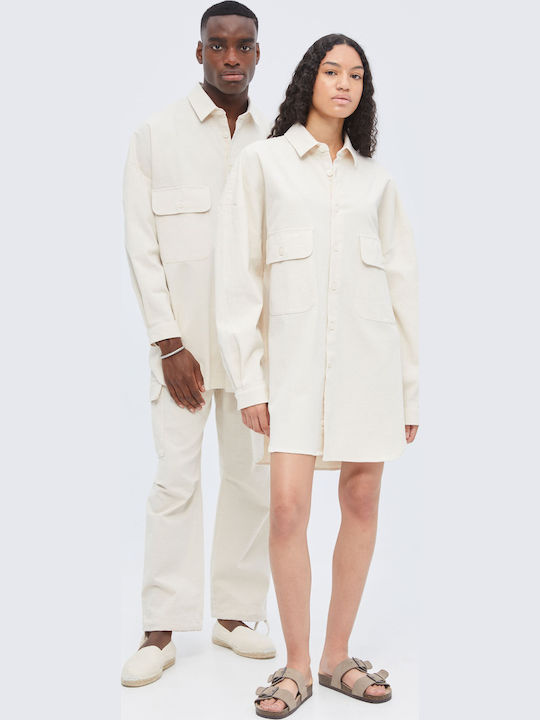 Дълъг Ръкав Лен Overshirt в Прекалено Голяма Линия Бежово