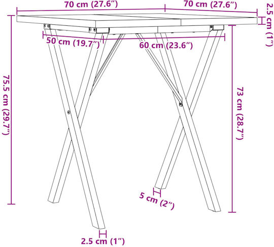 Square Table Dining Room from Solid Wood & Metal Coffee 70x70x75.5cm