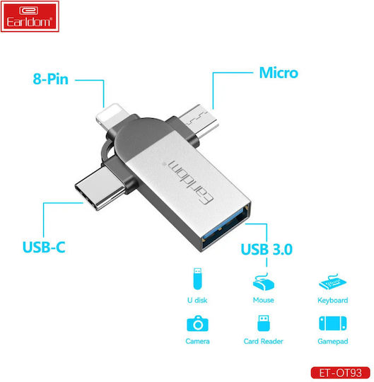 Earldom Convertor Lightning / USB-C / micro USB masculin în USB-A feminin 1buc
