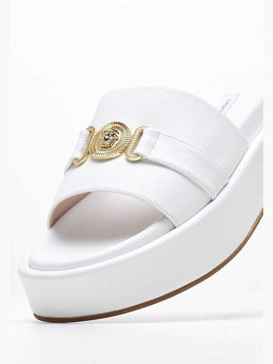 Mortoglou Leather Women's Flat Sandals Flatforms in White Color