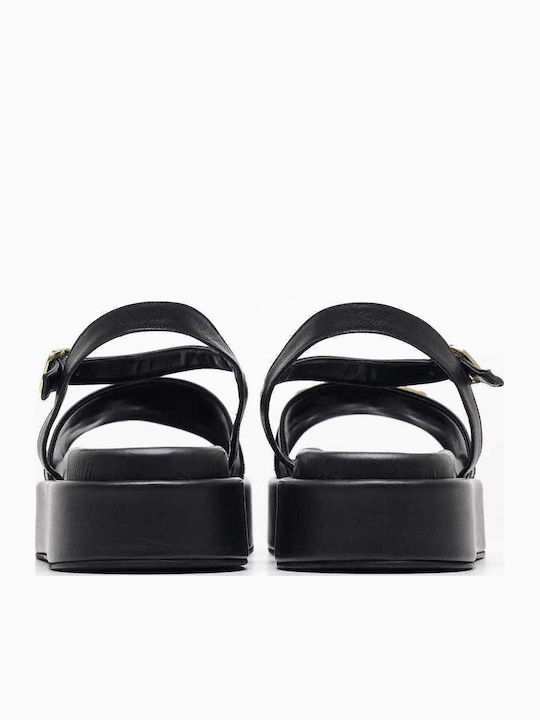 Leather Women's Flat Sandals Flatforms in Black Color