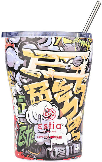 Estia Coffee Mug Save The Aegean Recyclable Glass Thermos Stainless Steel BPA Free 350ml Graffiti Rhythm with Straw