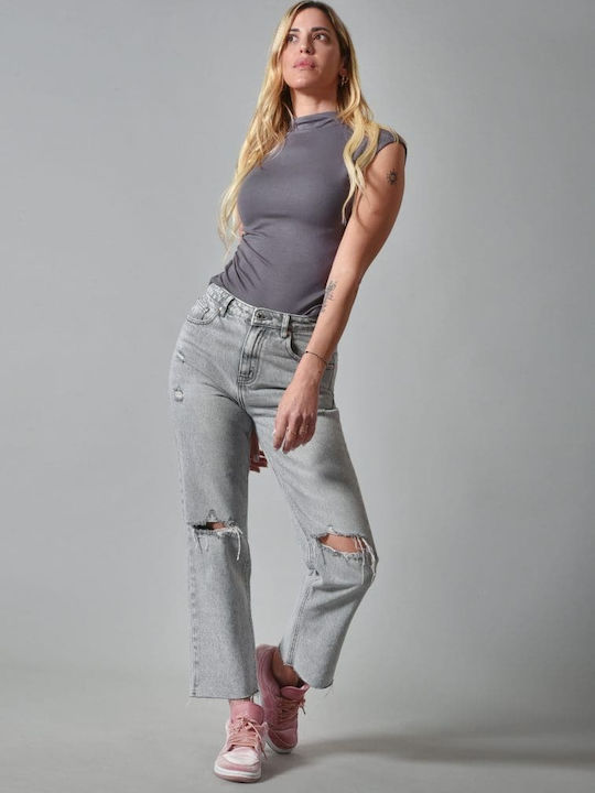 Belle Femme High Waist Women's Jean Trousers in Straight Line Grey Light