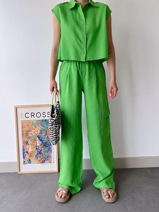 Sinell Women's Set Sleeveless Shirt Trousers Green