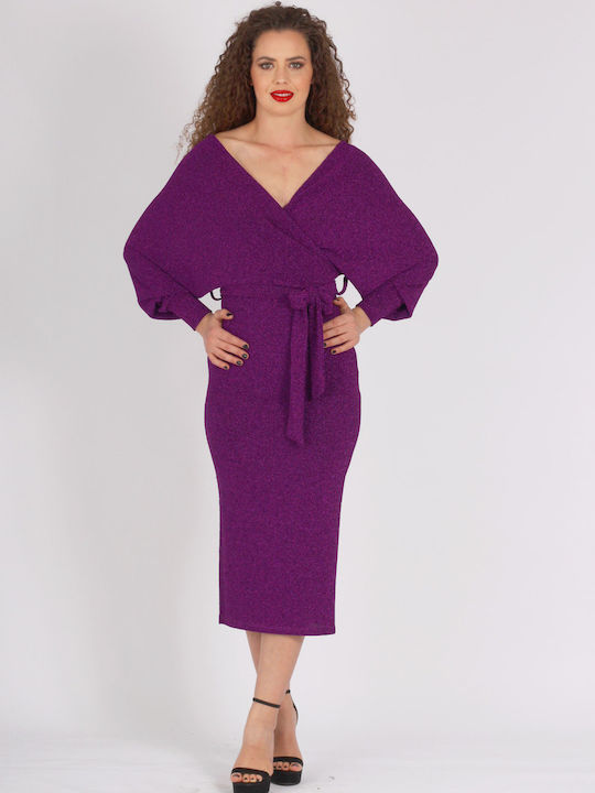 On Line Midi Evening Dress Wrap with Slit Purple