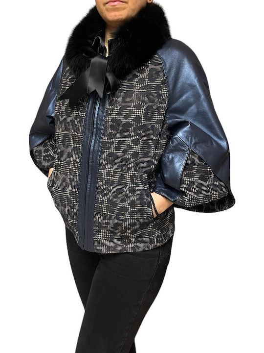 Kurzes Leder Damenjacke Für Winter Blau