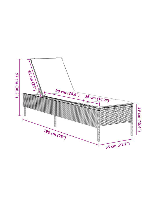 Șezlong Rattan cu Pernă Negru 198x55x39cm