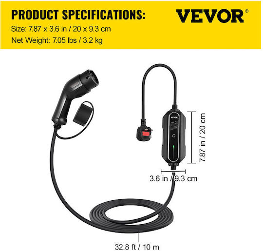 Vevor Tragbar Elektroauto-Ladestation 3kW mit Integriertes Kabel Typ 2 (SX23KW10M220V15KGV2)