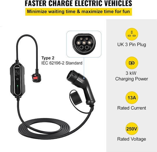 Vevor Tragbar Elektroauto-Ladestation 3kW mit Integriertes Kabel Typ 2 (SX23KW10M220V15KGV2)