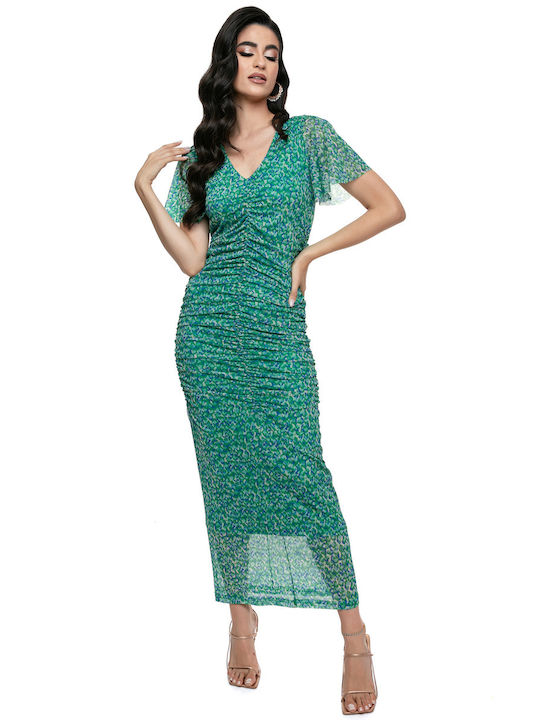 Πράσινο Μάξι Φόρεμα Μπλε Λεπτομέρειες Ραφές