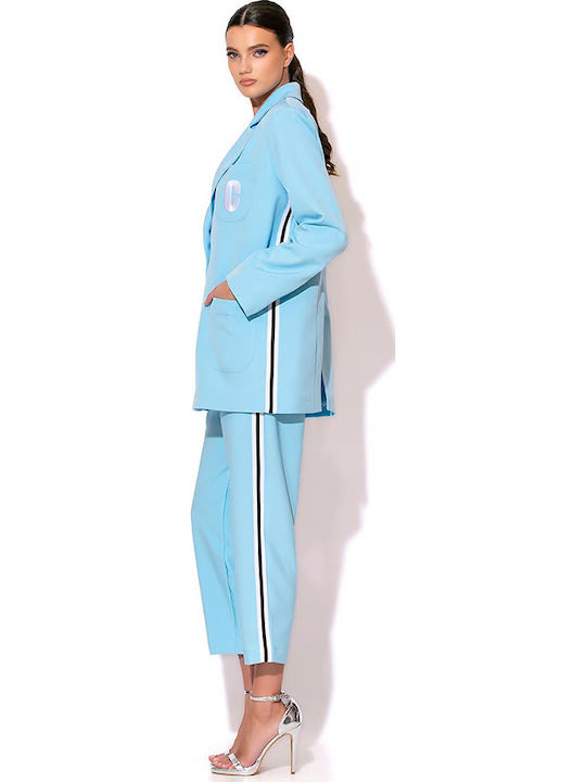 Damen Hoch tailliert Stoff Hose Gestreift Light Blue