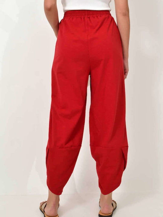 First Woman Women's High-waisted Cotton Trousers with Elastic RED