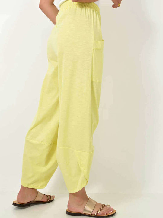 First Woman Women's High-waisted Cotton Trousers with Elastic Yellow