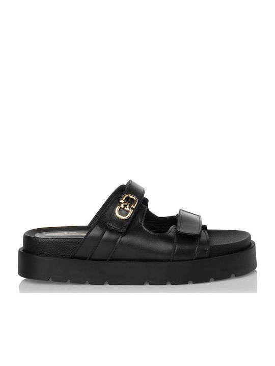 Δερμάτινα Γυναικεία Σανδάλια Flatforms Μαύρα