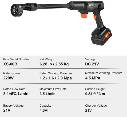 Vevor Pressure Washer Battery 21V 1x4Ah with Pressure 45bar WSLSGYQXJWSDEWZJHV2