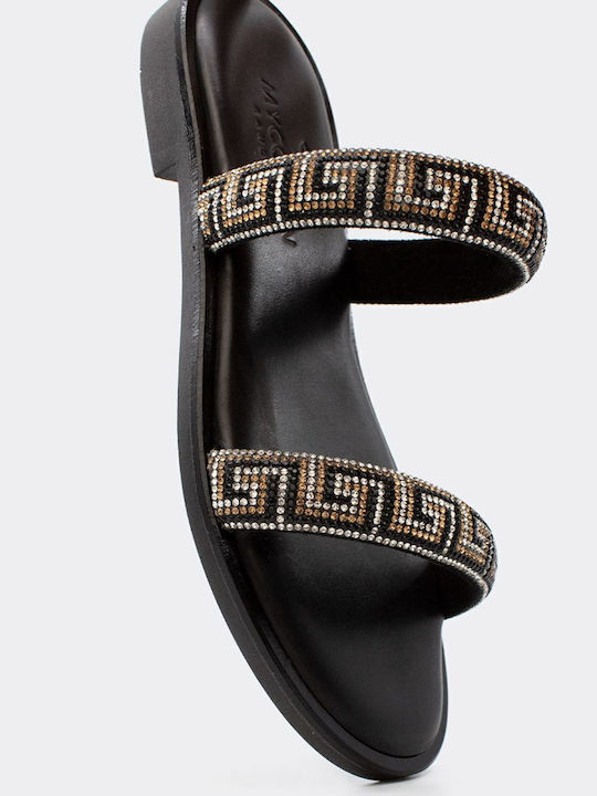 Leather Women's Flat Sandals in Black Color