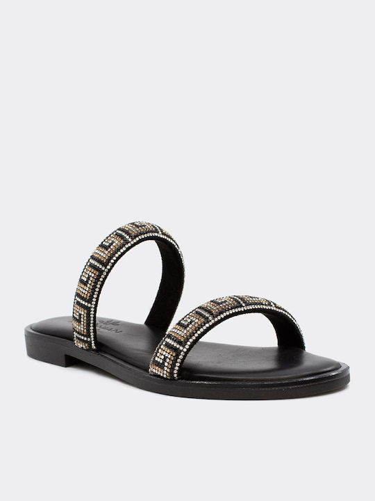 Leather Women's Flat Sandals in Black Color