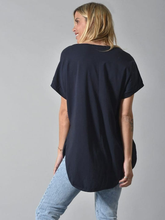 Belle Femme Γυναικείο Oversized T-shirt με V Λαιμόκοψη Μπλε Σκούρο