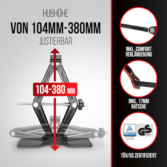 Heyner Hand Operated Scissor Jack with Lifting Capacity up to 38cm and Weight Capacity up to 1.5 Tons