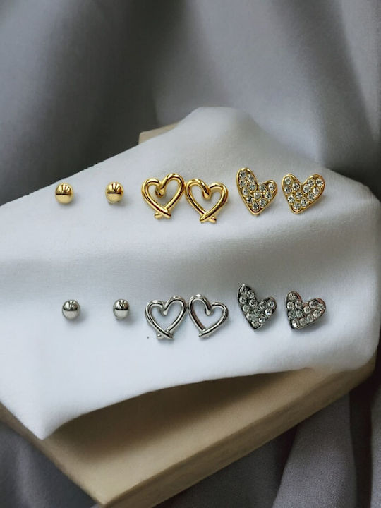 Steel Silver Earrings Set of 3: Ball, Pierced Heart, Heart with Rhinestones