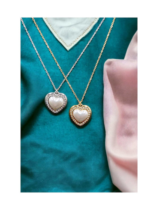 Steel Gold Heart Pearl Strass Gold Outline Necklace