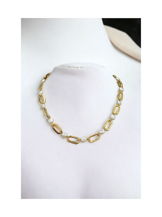 Necklace from Gold Plated Steel with Pearls