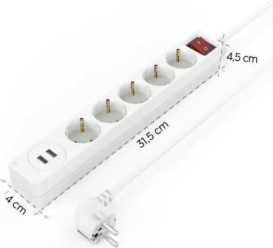 HAMA Πολύπριζο 5 Θέσεων με 2 USB-A και Καλώδιο 1.4m