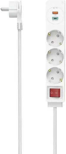 HAMA Bandă De Alimentare Cu 3 Prize, 1 USB-A, 1 USB-C Și Cablu 1.4m
