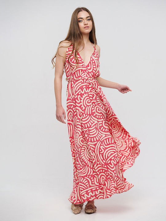 Ble Φορεμα Μακρυ Εξωπλατο Ροζ Εντονο Σχεδια One Size 100% Crepe