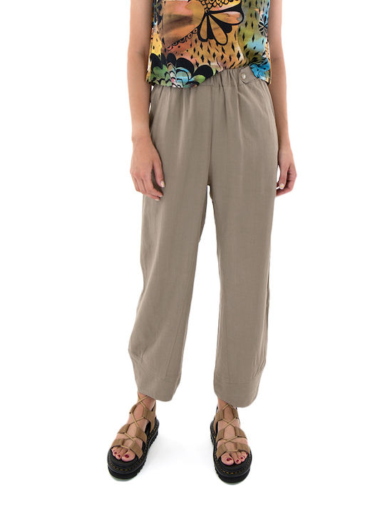 Namaste Women's High Waist Linen Capri Trousers Beige