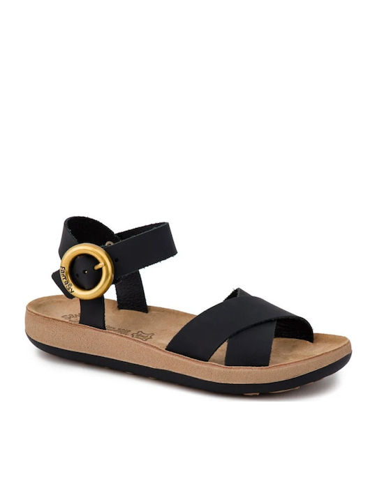 Fantasy Marieva Leather Women's Flat Sandals with Strap in Black Color