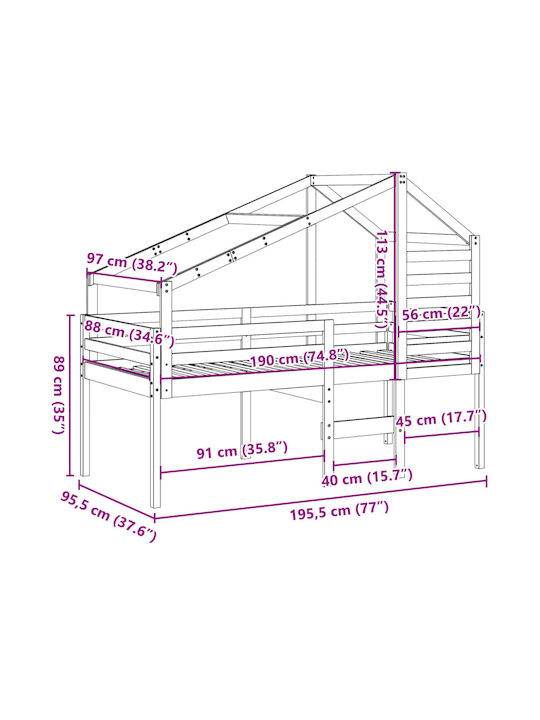 Kinderbett Hochbett Einzeln Weiß für Matratze 90x190cm
