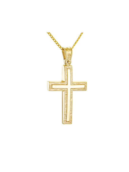 Papoulidis Jewellery Χρυσός Σταυρός 14K Διπλής Όψης με Αλυσίδα