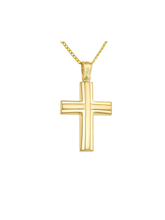 Papoulidis Jewellery Χρυσός Σταυρός 14K Διπλής Όψης με Αλυσίδα