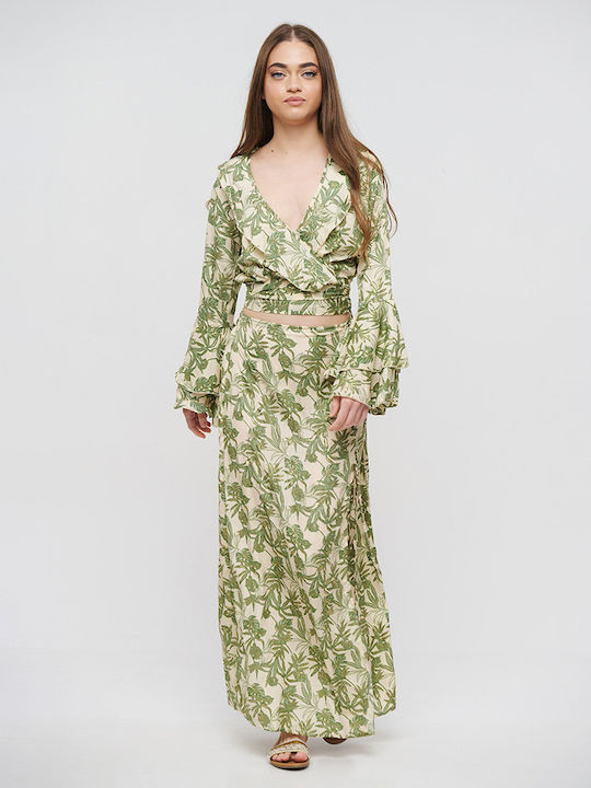 Ble Resort Collection Maxi Fustă Ecru/green