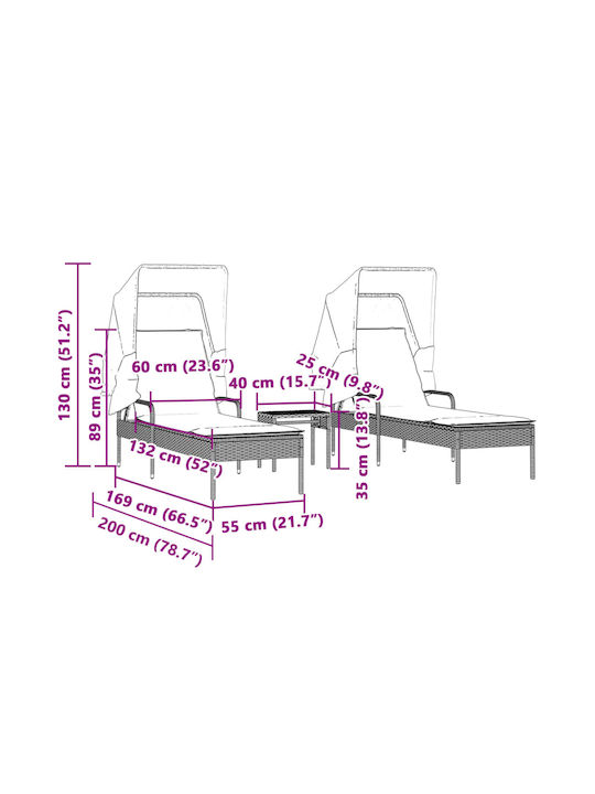 Șezlong Rattan cu Pernă și Parasolar Gri cu Masă Set 2 Bucăți 89x200x60cm