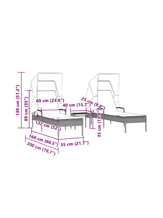 Liegestuhl Rattan mit Kissen & Sonnenschirm Schwarz mit Tisch 2Stück 89x200x60cm.