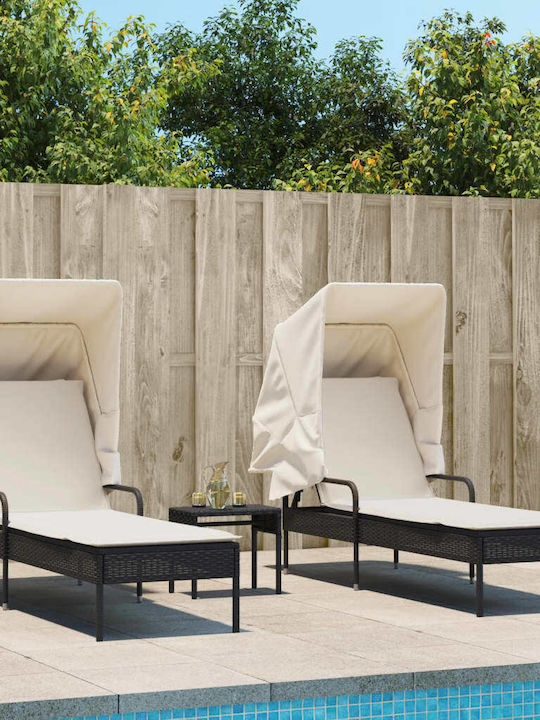 Liegestuhl Rattan mit Kissen & Sonnenschirm Schwarz mit Tisch 2Stück 89x200x60cm.