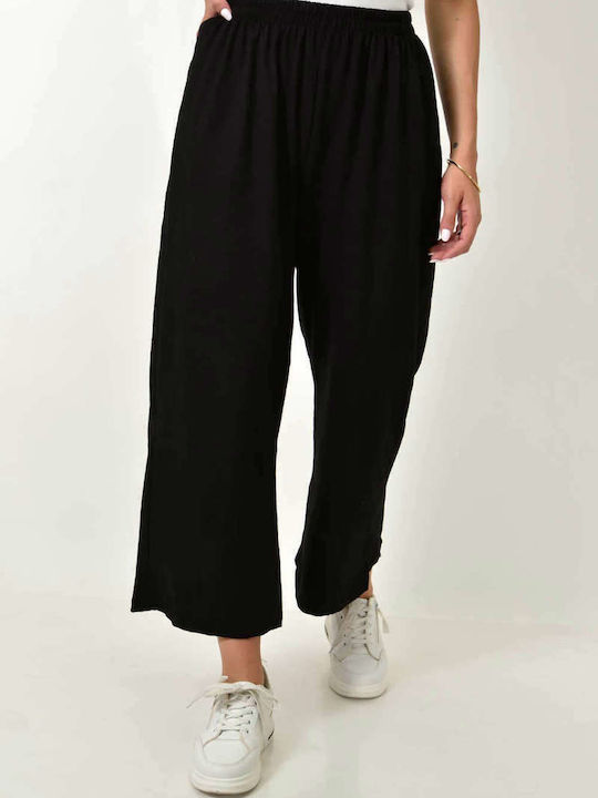 First Woman Women's High-waisted Cotton Trousers with Elastic Black