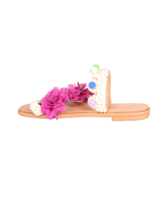 Sandale plate din piele pentru femei cu pom-pomuri Tress, flori multicolore magenta