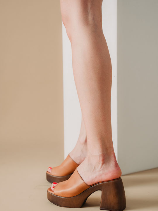 Mules with Chunky Heel in Tabac Brown Color